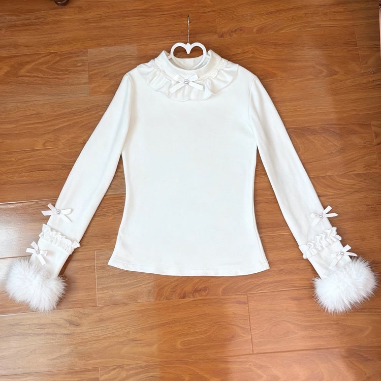 Lolita Long Top White Autumn/Winter with Ruffles Cozy Sleeves
