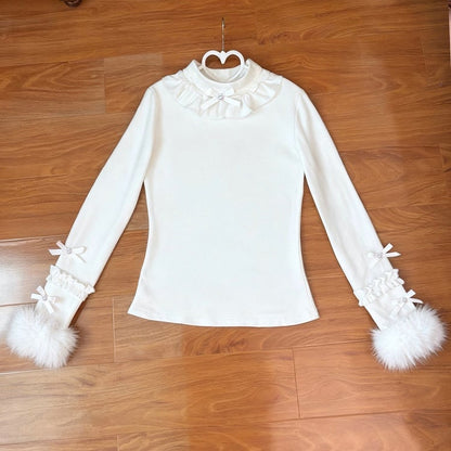 Lolita Long Top White Autumn/Winter with Ruffles Cozy Sleeves