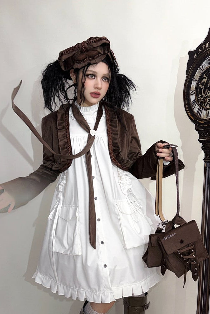 Steampunk Brown x Gothic Black Velvet Ruffle Heart Motif Cuff Cropped Jacket