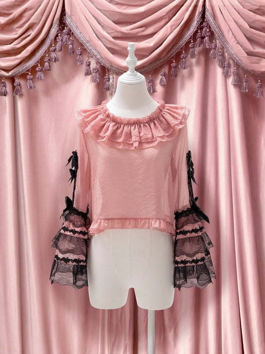 Accents Lolita Bow Blouse Pink Sleeves Black with Lace and Bell