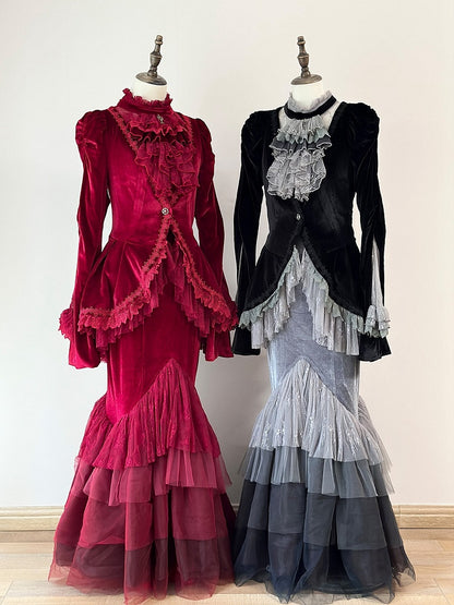 Embroidered Lace Blouse with Velvet V-Neck Coat and Layered Mermaid Skirt - DevilInspired Exclusive Collection