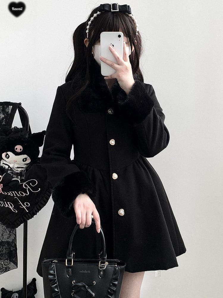 Pink Jirai Kei Wool Coat with Plush Collar and Cuffs