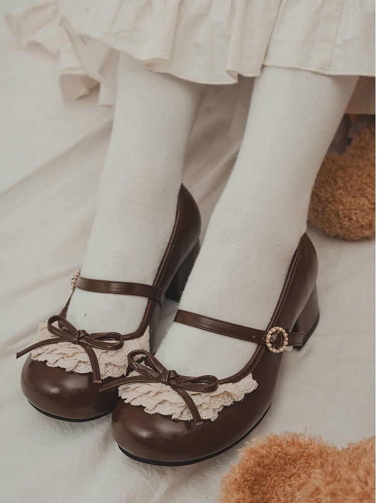 Knotted Accent Toe Round Janes Mary Chocolate Lace Heels Brown Bow Trim 2.2CM/4.3CM