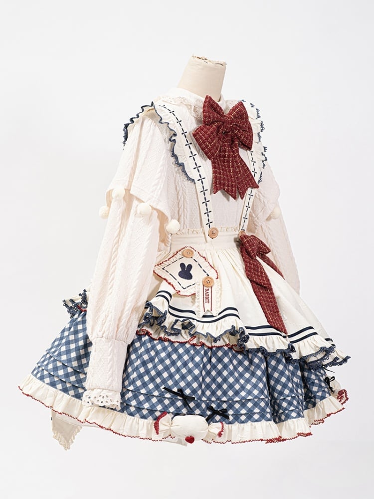 Weißes langärmeliges Strickoberteil, Schürze, blauer Rock mit Karomuster, süßes Lolita-Komplettset