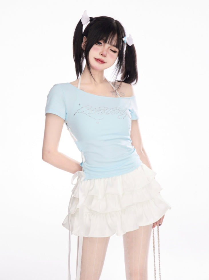 ホワイトバレエコアラインストーンディテールミニティアードスカート