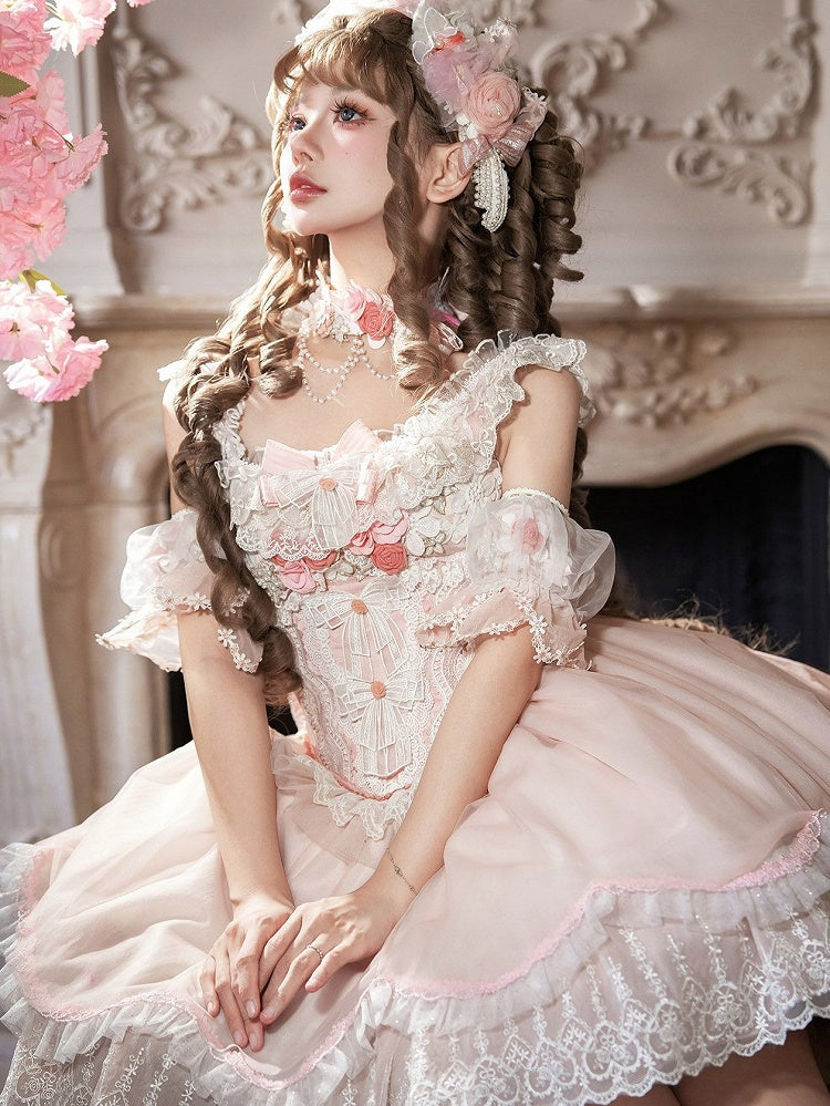 Detachable Blue Red/Green/Pink Floral Puff Lolita Trim Scalloped Sweet with Dark Edge Sleeves