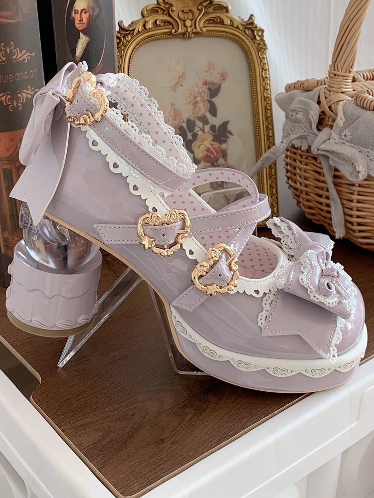 Bow Ball Mary Transparent with Platform Purple Shoes PU Heels Jane Sweet Decoration
