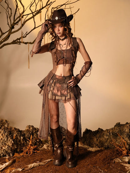 Brown Lace-Up Denim Skirt with Pleats and Shorts - Virtual Orbit