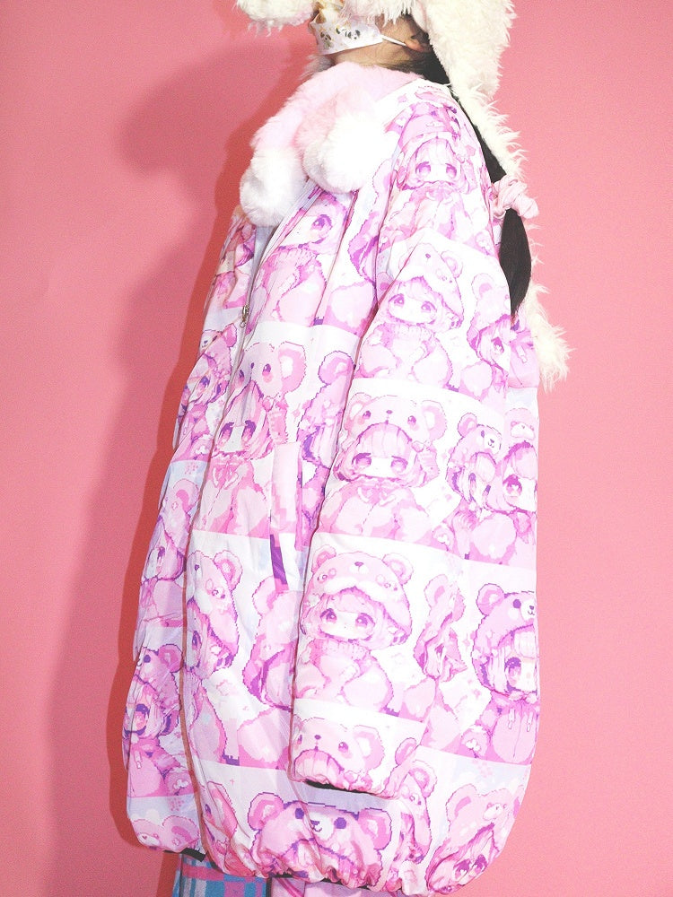 Puffer Jacket Pink Y2K Cartoon Print Hooded
