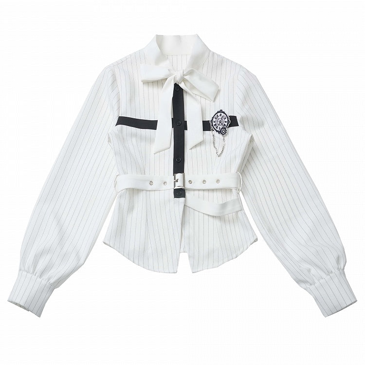取り外し可能な蝶の時計ブローチ付きシャツ、リボン、黒のセルフタイ、白のストライプ、クロスデザイン