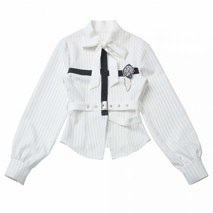 取り外し可能な蝶の時計ブローチ付きシャツ、リボン、黒のセルフタイ、白のストライプ、クロスデザイン