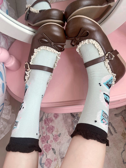 Mint Print Jelly Cake Chocolate Lolita Calf Socks Green
