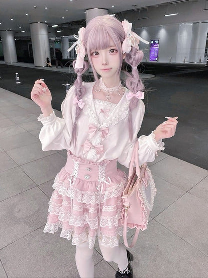 Landmine-Style Beaded Sailor-Collar Blouse, Bow & Lace, White Pink - Puppet Bombs