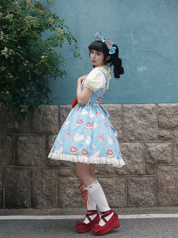 Lolita Blue Print Showa Sweet Cake Fashion Cherry und Kleid Kitty