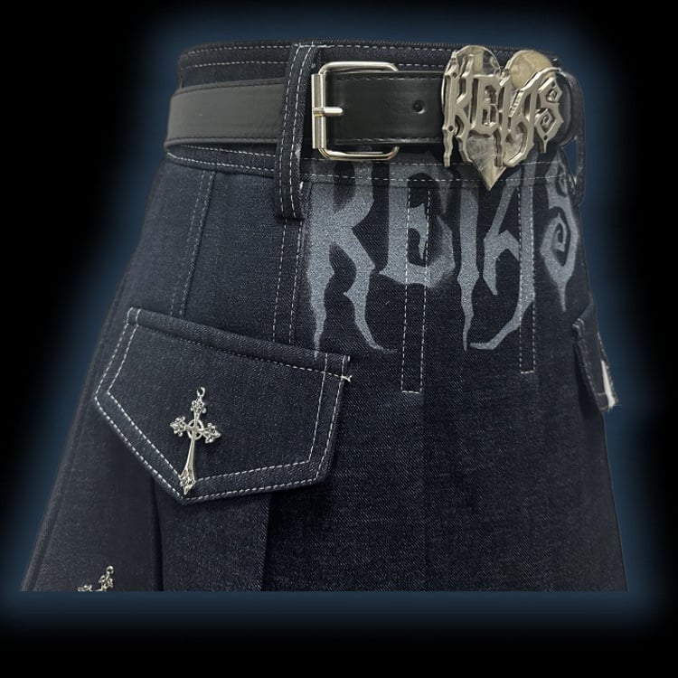 Y2K ダークブルー文字 クロスチャーム パンクロック デニム プリーツスカート