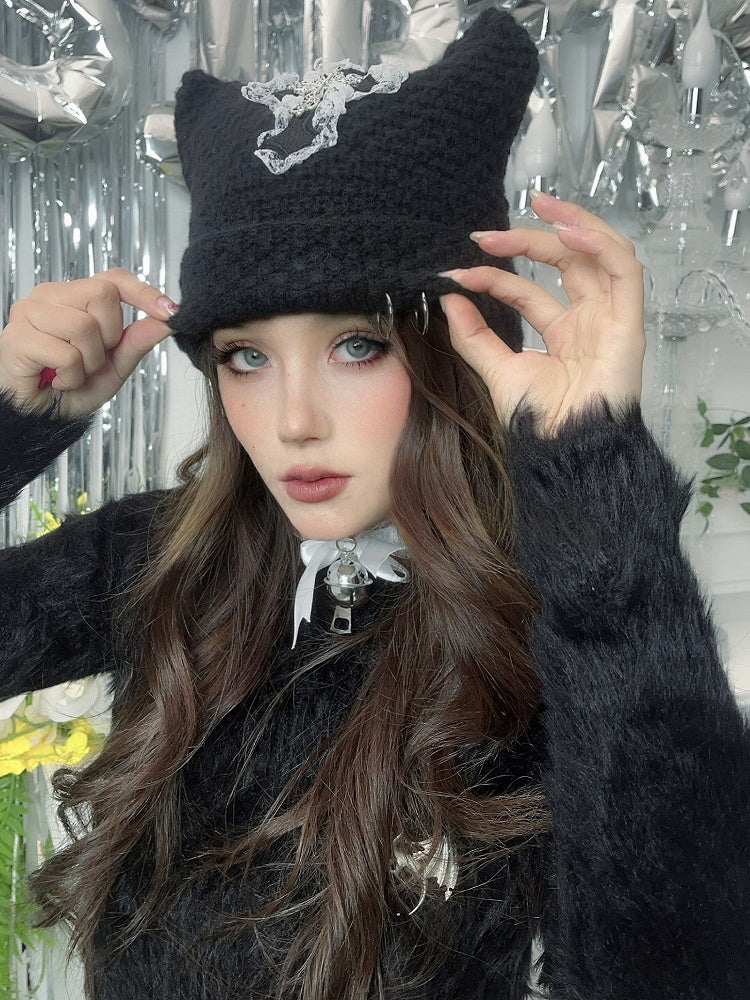 Punk Black Cat Ears Cross Patch Knit Hat