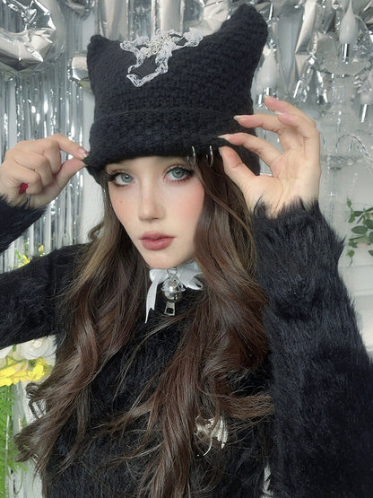 Punk Black Cat Ears Cross Patch Knit Hat