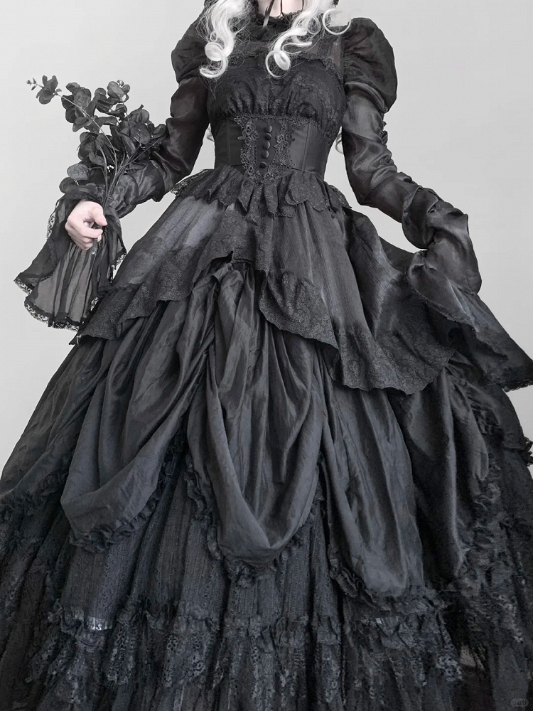 Black Basque Waist Kuro Dress Drawstring Skirt Gothic Lolita Long-Sleeve One Piece