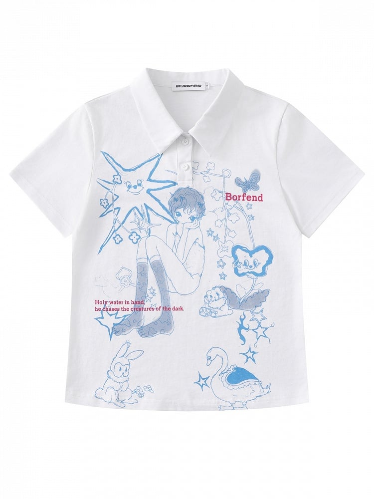 White Turn-Down Collar Tee with Anime Graphic - Languid Park