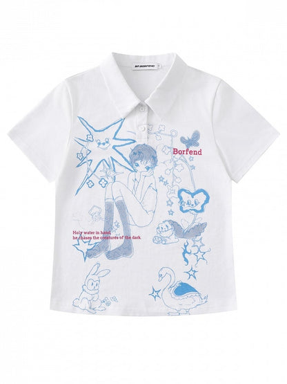 White Turn-Down Collar Tee with Anime Graphic - Languid Park