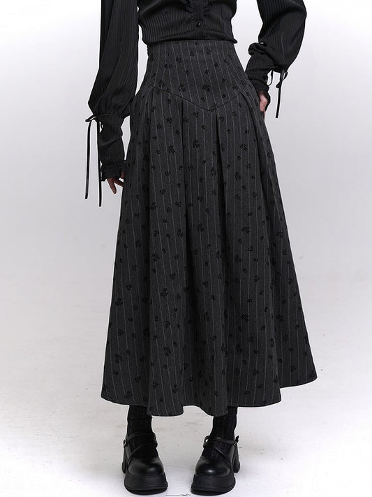 Gothic Dark Gray Striped High Waist Skirt with Lace-Up Back
