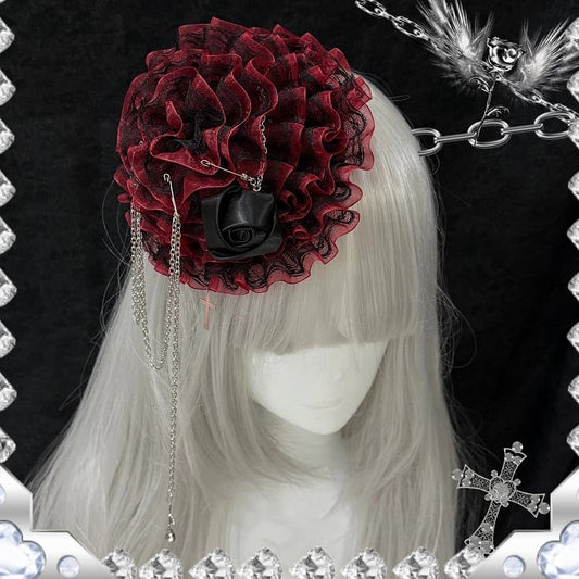 Mini Red - Gothic Mesh Ruffled Black Rose Hat with