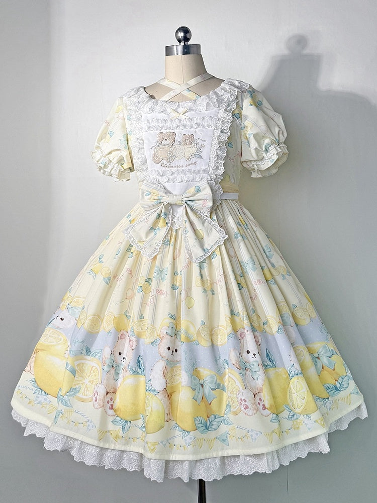 Lemon Yellow Lolita Sleeves Print Sweet Short Dress Teddy and
