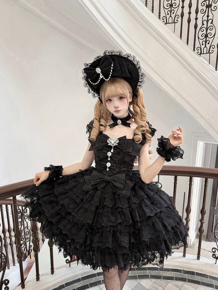 Details Skirt Sweet Lace JSK Rhinestone Lolita Multi-Layered Hime-Style with Bow Black Dress