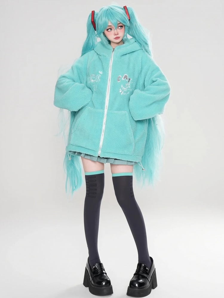 Grün/Marineblauer Fleece-Kapuzenpullover mit süßem Katzenohren-Design