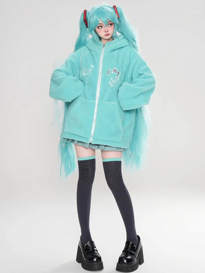 Grün/Marineblauer Fleece-Kapuzenpullover mit süßem Katzenohren-Design