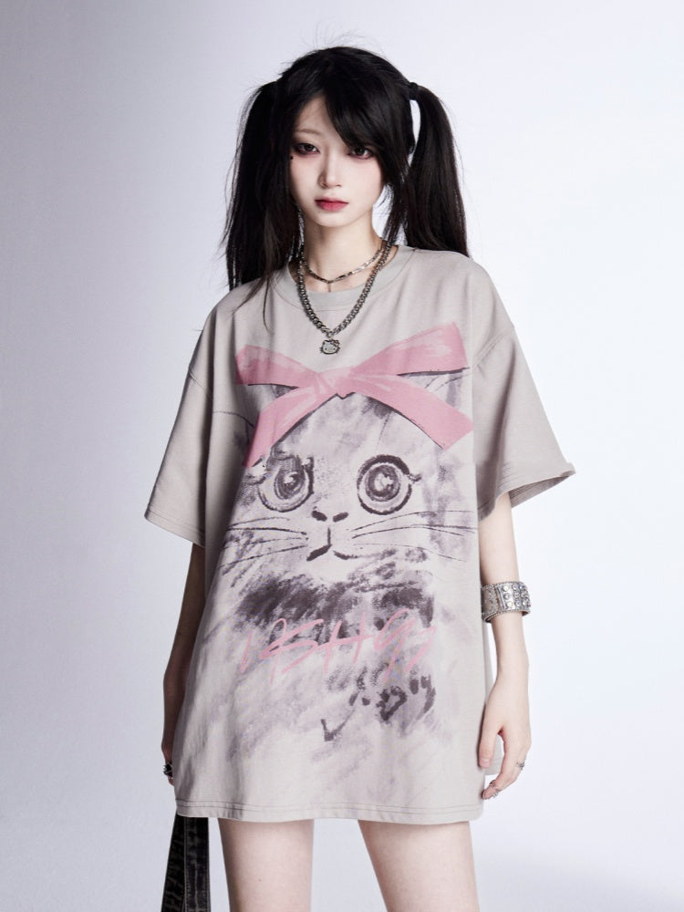 Print Gray Adorable Kitty Loose T-Shirt