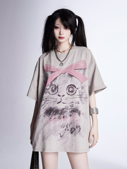 Print Gray Adorable Kitty Loose T-Shirt