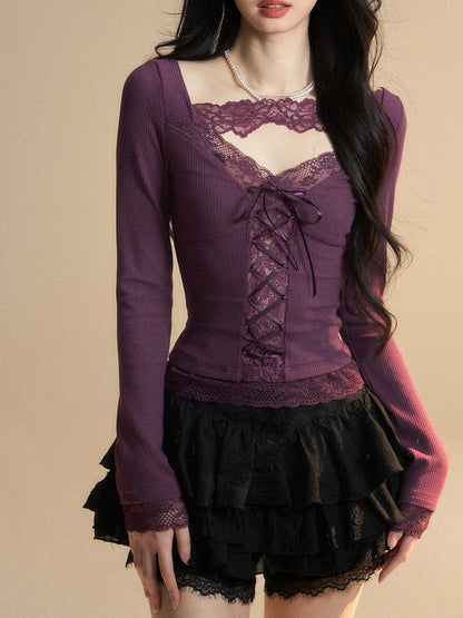 Glamouröses Top mit Schnürung, lila V-Ausschnitt, kontrastierende Spitzenaufnäher vorne