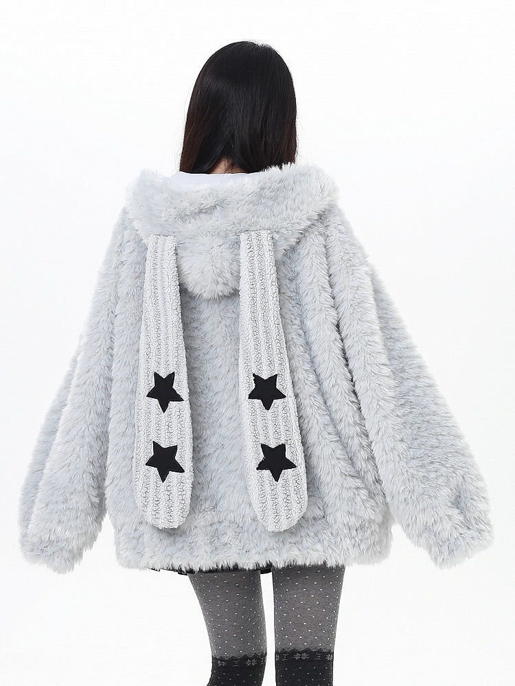 Jacket Hoodie Ear Accents Off-white/Dusty Blue Hood Kawaii Daily - Starry Stellar Bunny Striped