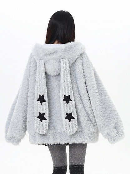 Jacket Hoodie Ear Accents Off-white/Dusty Blue Hood Kawaii Daily - Starry Stellar Bunny Striped