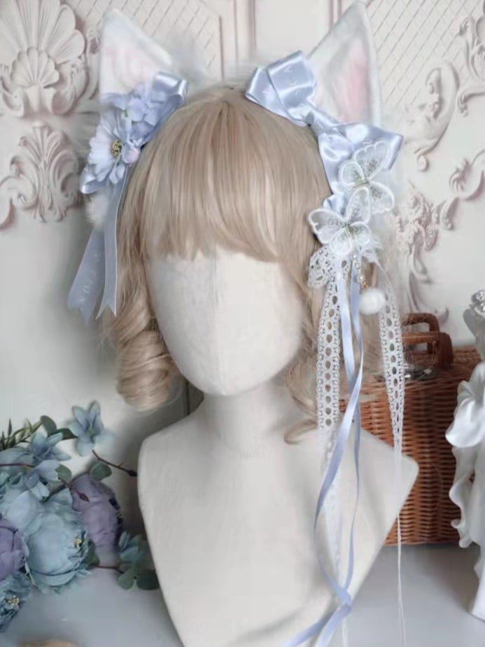 Butterfly Sweet and Pompom White Blue Lace Hairclip with Lolita