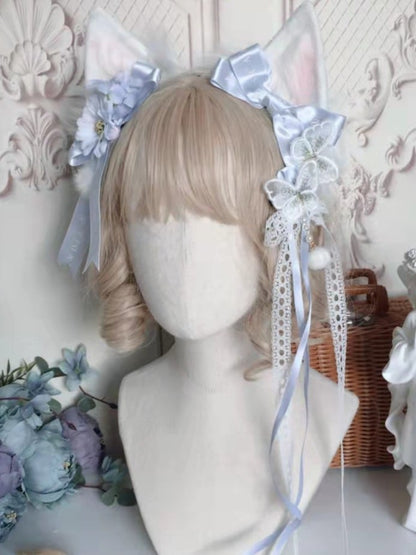 Butterfly Sweet and Pompom White Blue Lace Hairclip with Lolita