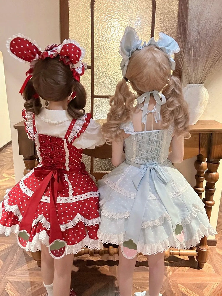 with Cute Dress Lace Baby Strawberry Blue Polka Bow Themed Details Dot Lolita JSK and