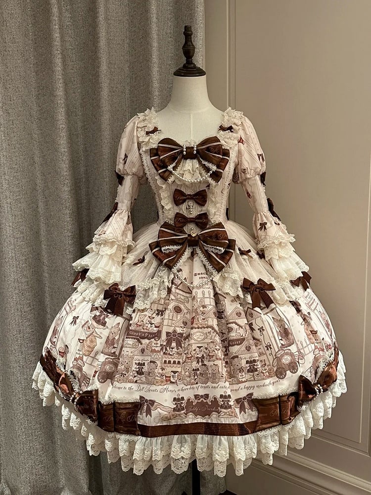 with Beige Print Sweet Bear Hem Bow Dress Brown Sleeves and Lace Little Accents Bell Lolita