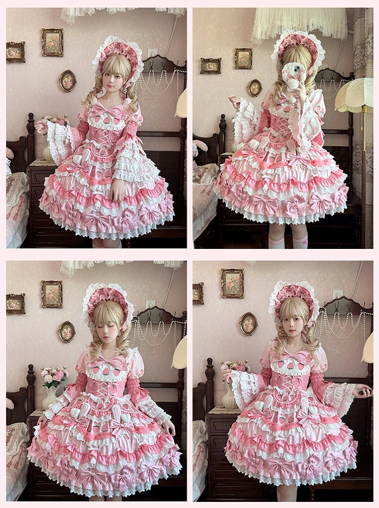 Tiered Lace Trim Pink Sweet Lolita Sleeves