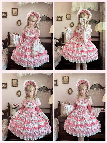 Tiered Lace Trim Pink Sweet Lolita Sleeves