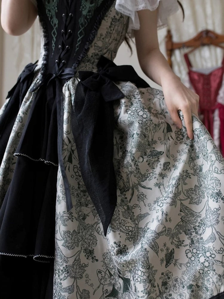 Green Forest Elegant with Print Animals Dress Lolita Bodice and Corset