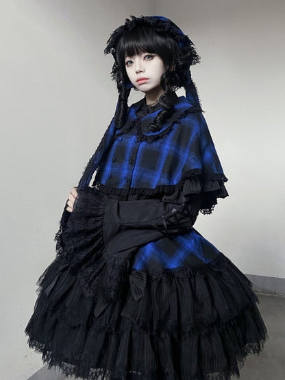 Blue Plaid Pattern Rounded Flat Collar Cape