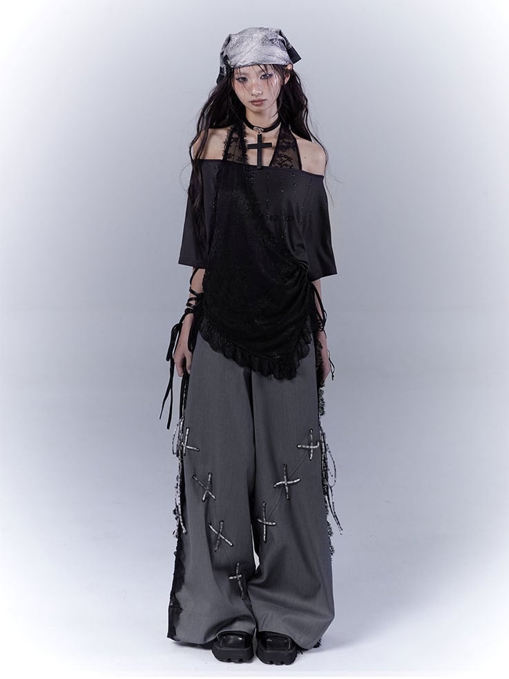 Dark Gray Lace Patches Lace-up with Casual Pants Details Side
