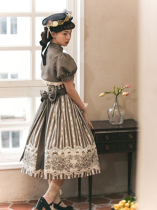 Skirt Classic Brown Long Jumper Print and Clock Lolita Floral Version