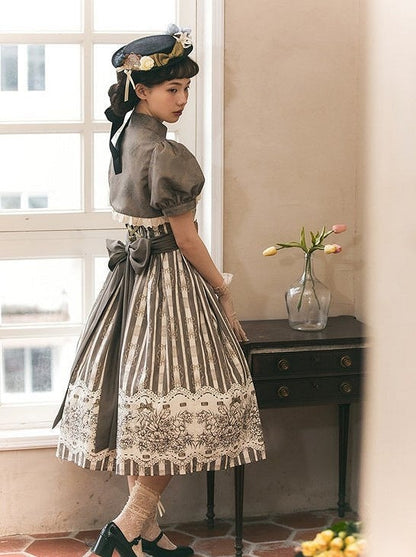 Skirt Classic Brown Long Jumper Print and Clock Lolita Floral Version