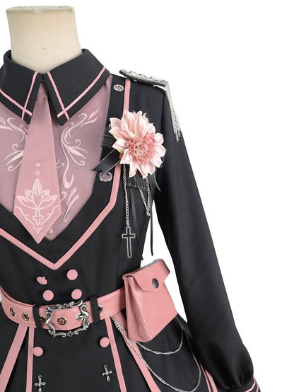 Pink with Military and Design Belt V-neck Lolita Black Ruffled Dress Details Buttons