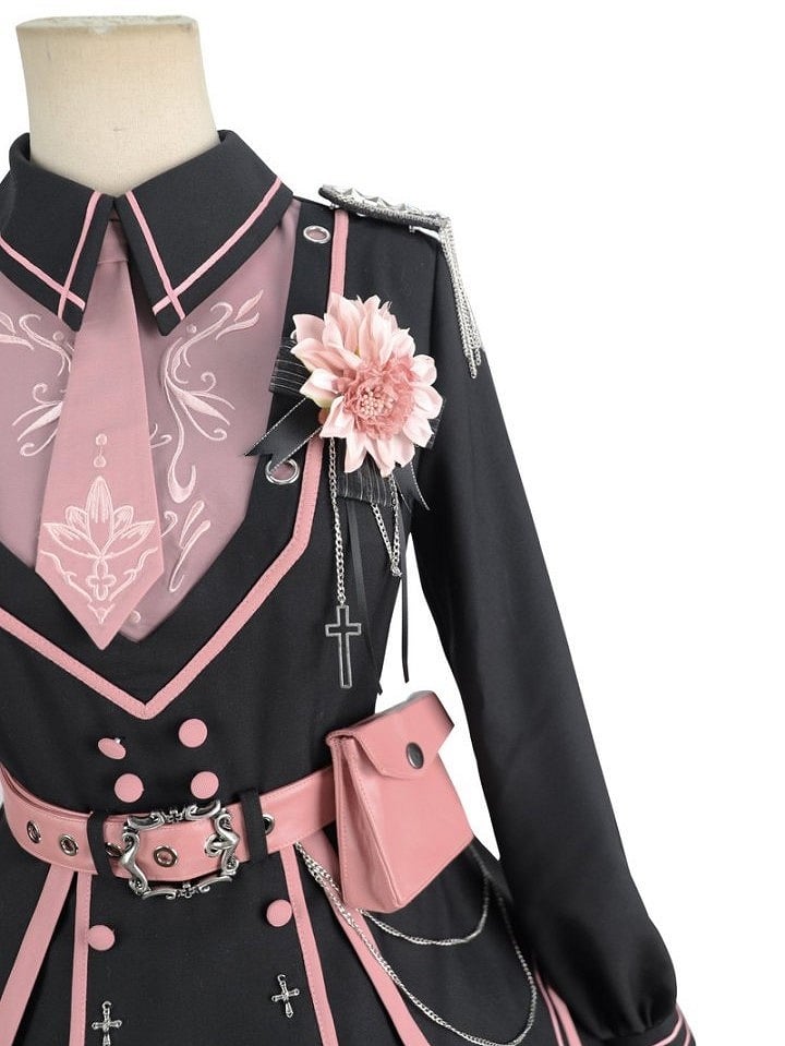 Ruffled Military Lolita Dress with Belt and Buttons - Ying Luo Fu