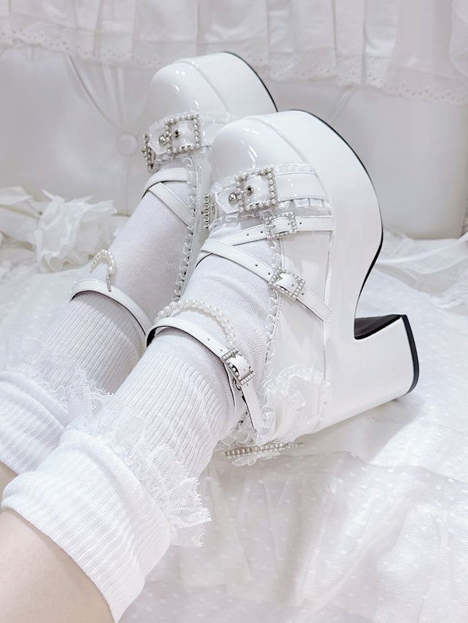 Jirai Shoes Platform Beads Accent White Bow Ruffled Buckles at Kei Top Lace High-heel
