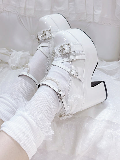 Jirai Shoes Platform Beads Accent White Bow Ruffled Buckles at Kei Top Lace High-heel